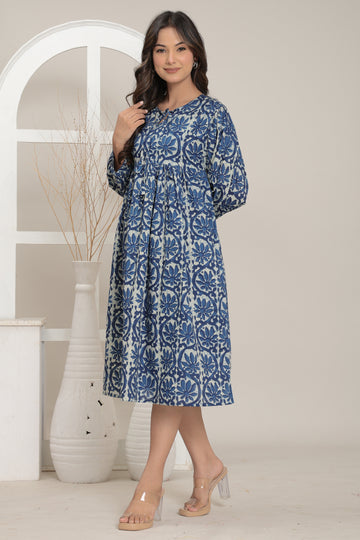 Indigo Bloom Midi Dress - Ruii Fashion