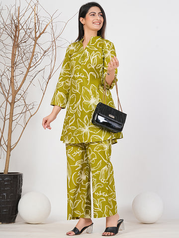 Chic Olive Green Floral Printed Co-ord Set | Ruhii Fashion