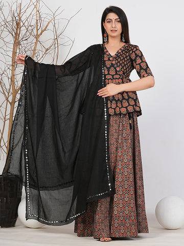 Ruii Fashion Black Peony-Print Peplum Kurta with Lehenga and Dupatta