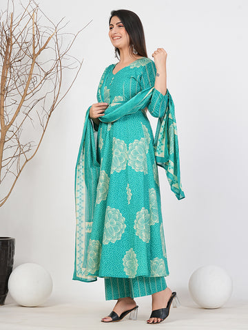 Ruii Fashion Teal Floral Anarkali Kurta with Palazzo Pants