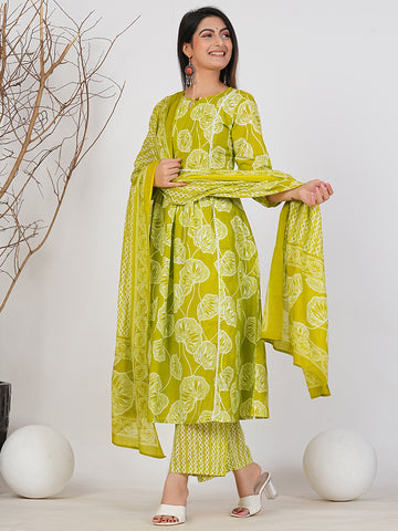 Ruii Fashion Lime Green Sun Floral Kurta and Pants Set