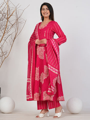 Elegant Pink Floral Print Anarkali Kurta Set with Straight Pants