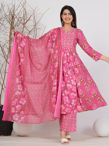 Elegant Ruii Fashion Long Anarkali Kurta with Floral Embroidery & Dupatta -Pink Printed Back View Style