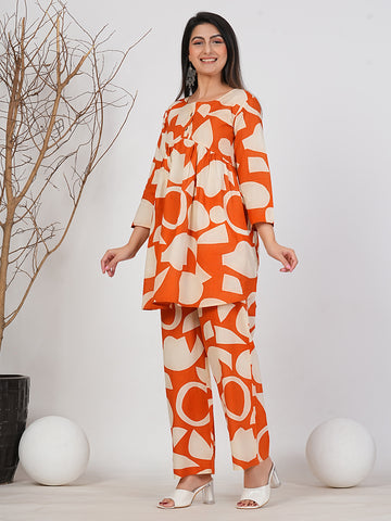Bold Elegance: Orange & Beige Geometric Co-ord Set by Ruii Fashions