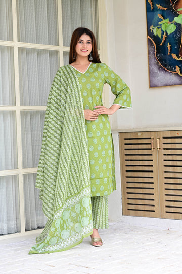 Beautiful Green Women's Cotton Kurta Pant Dupatta Set