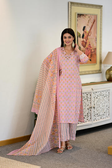 Blush Pink Floral Kurta Pant Set with Adda Work & Dupatta