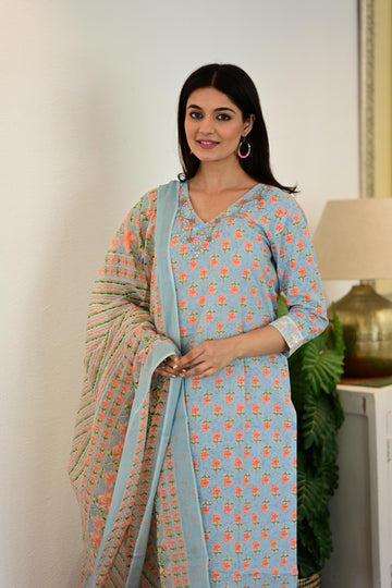 Sky Blue Floral Kurta Pant Set with Adda Work and Dupatta