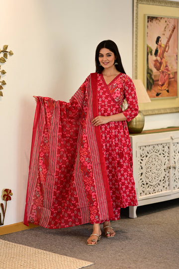 Radiant Red Floral Kurta Pant Set with Dupatta