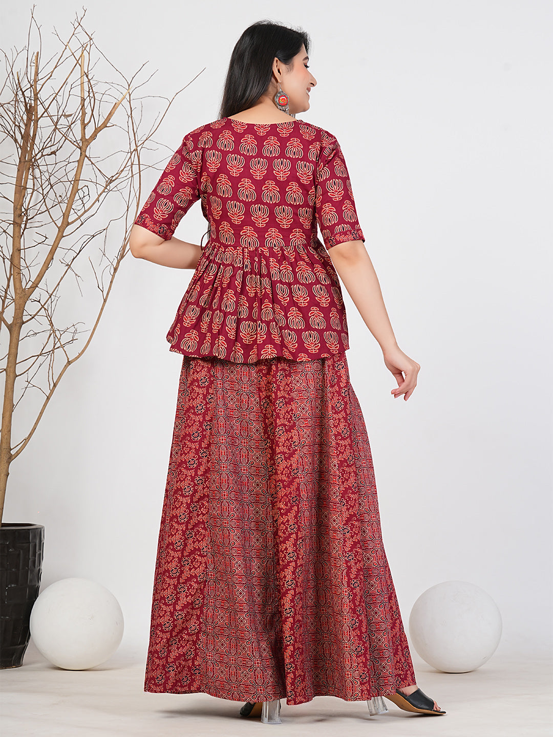 Ruii Fashion Maroon Peony-Print Peplum Kurta with Flared Palazzos
