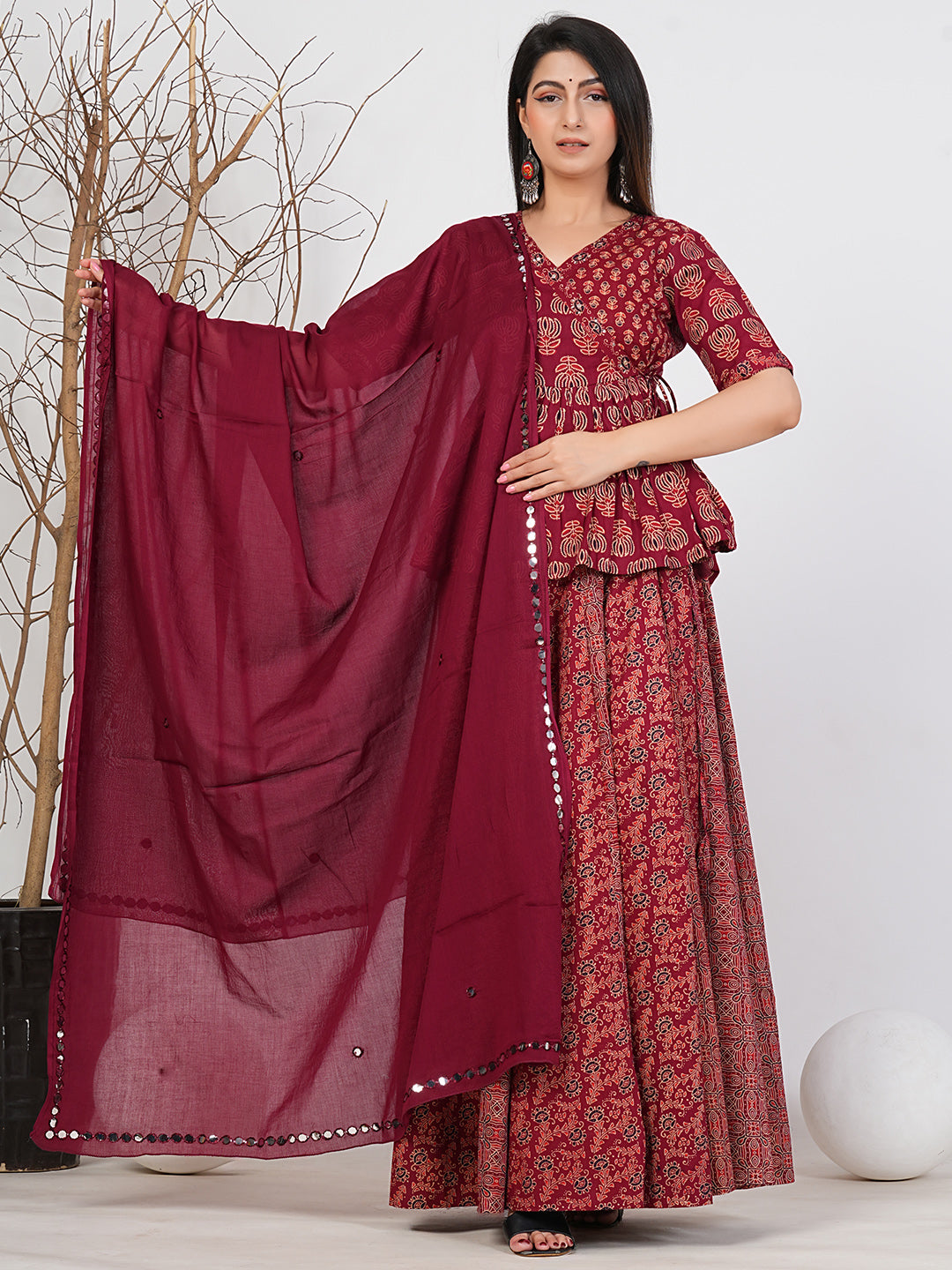 Ruii Fashion Maroon Peony-Print Peplum Kurta with Flared Palazzos
