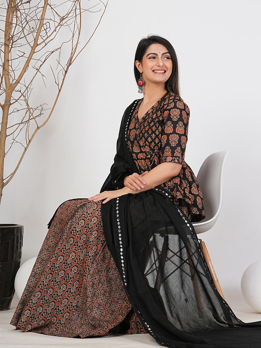 Ruii Fashion Black Peony-Print Peplum Kurta with Lehenga and Dupatta