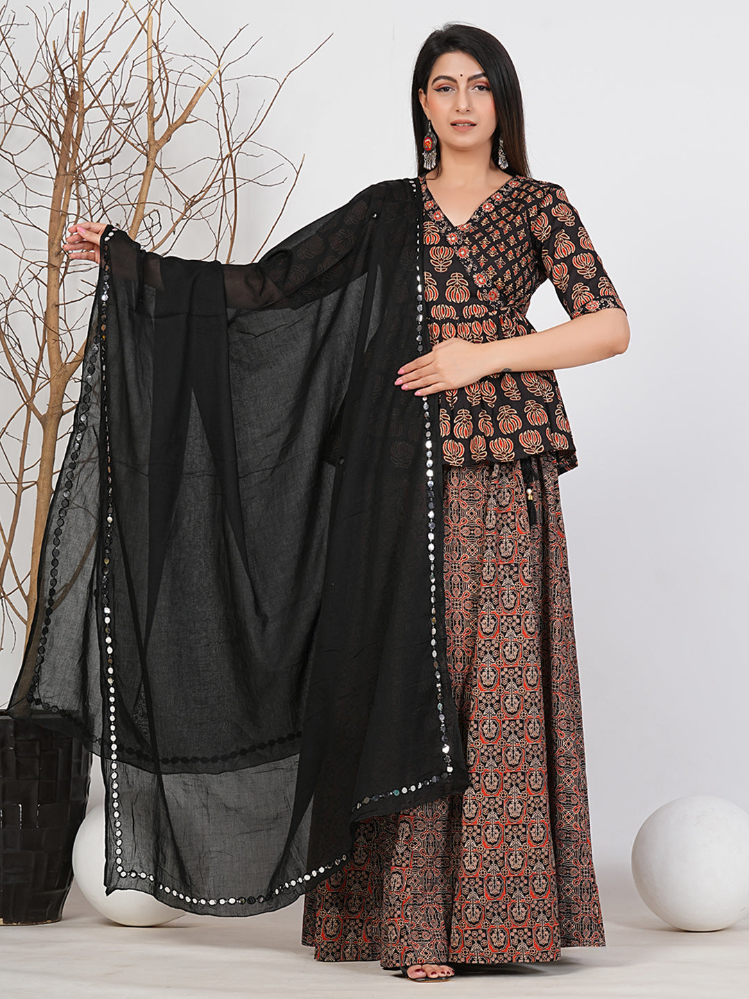Ruii Fashion Black Peony-Print Peplum Kurta with Lehenga and Dupatta