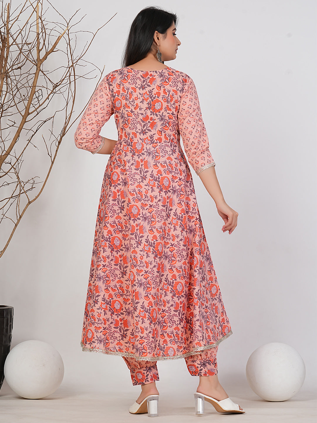 Vibrant Ruii Fashion Printed Anarkali Gown with Lace Hem – Pink Floral Back Design & Matching Bottoms