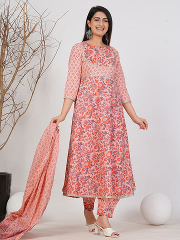 Vibrant Ruii Fashion Printed Anarkali Gown with Lace Hem – Pink Floral Back Design & Matching Bottoms