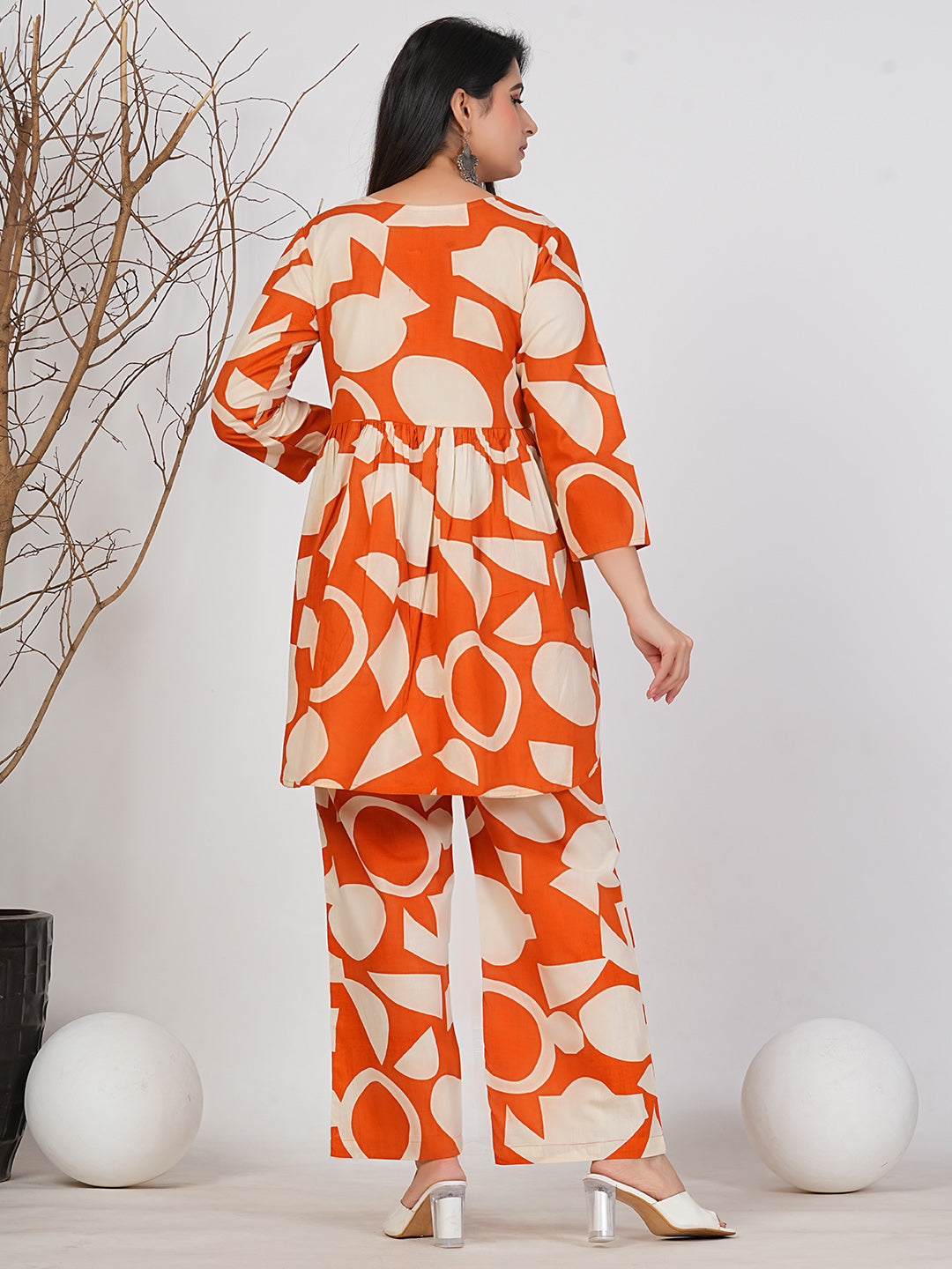 Bold Elegance: Orange & Beige Geometric Co-ord Set by Ruii Fashions