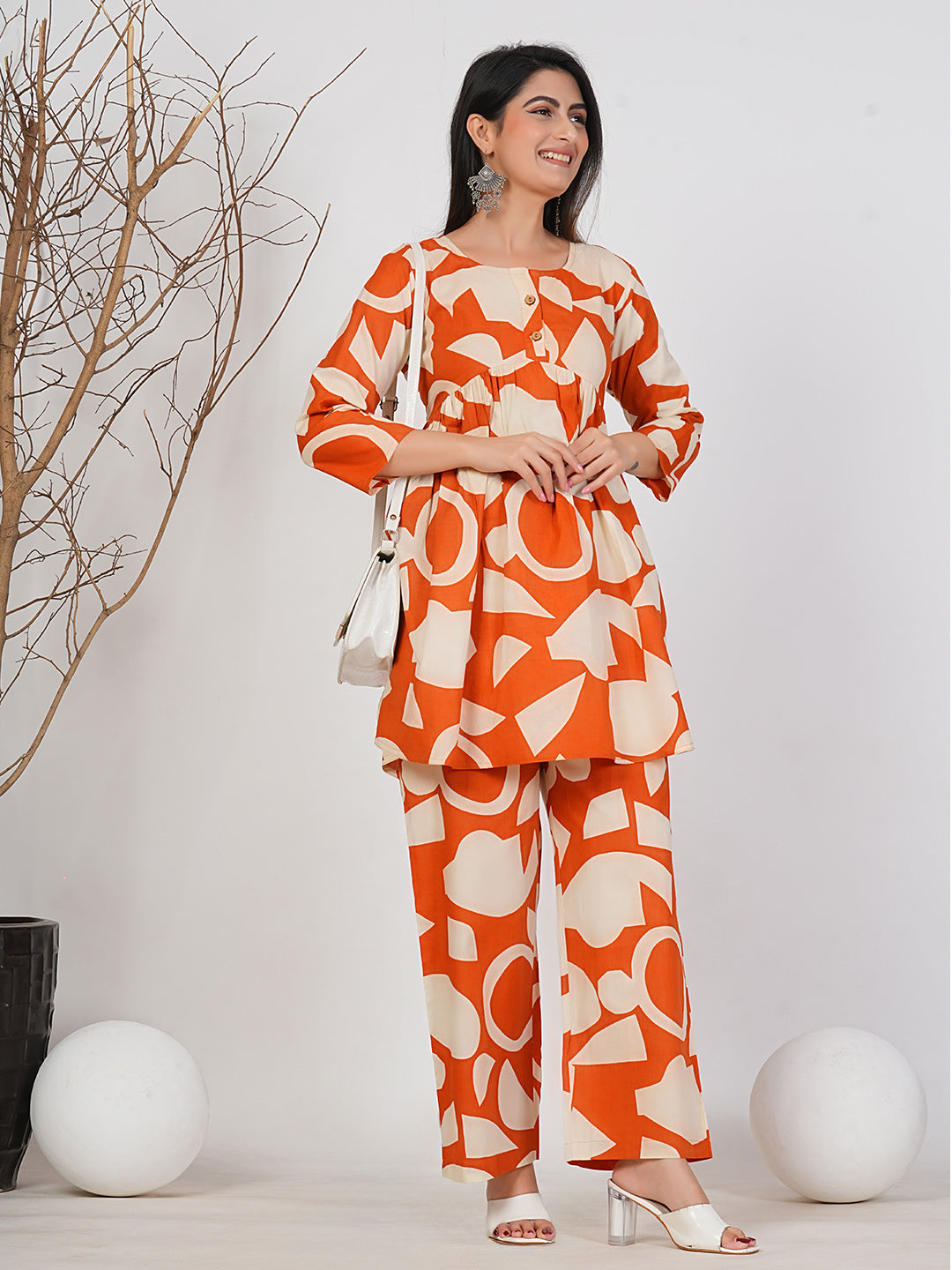 Bold Elegance: Orange & Beige Geometric Co-ord Set by Ruii Fashions