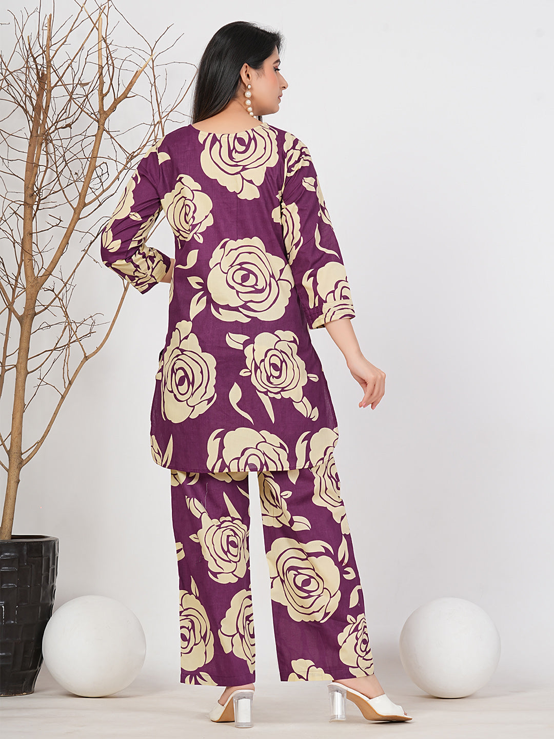 Purple Cotton Floral Co-Ord Set for Women
