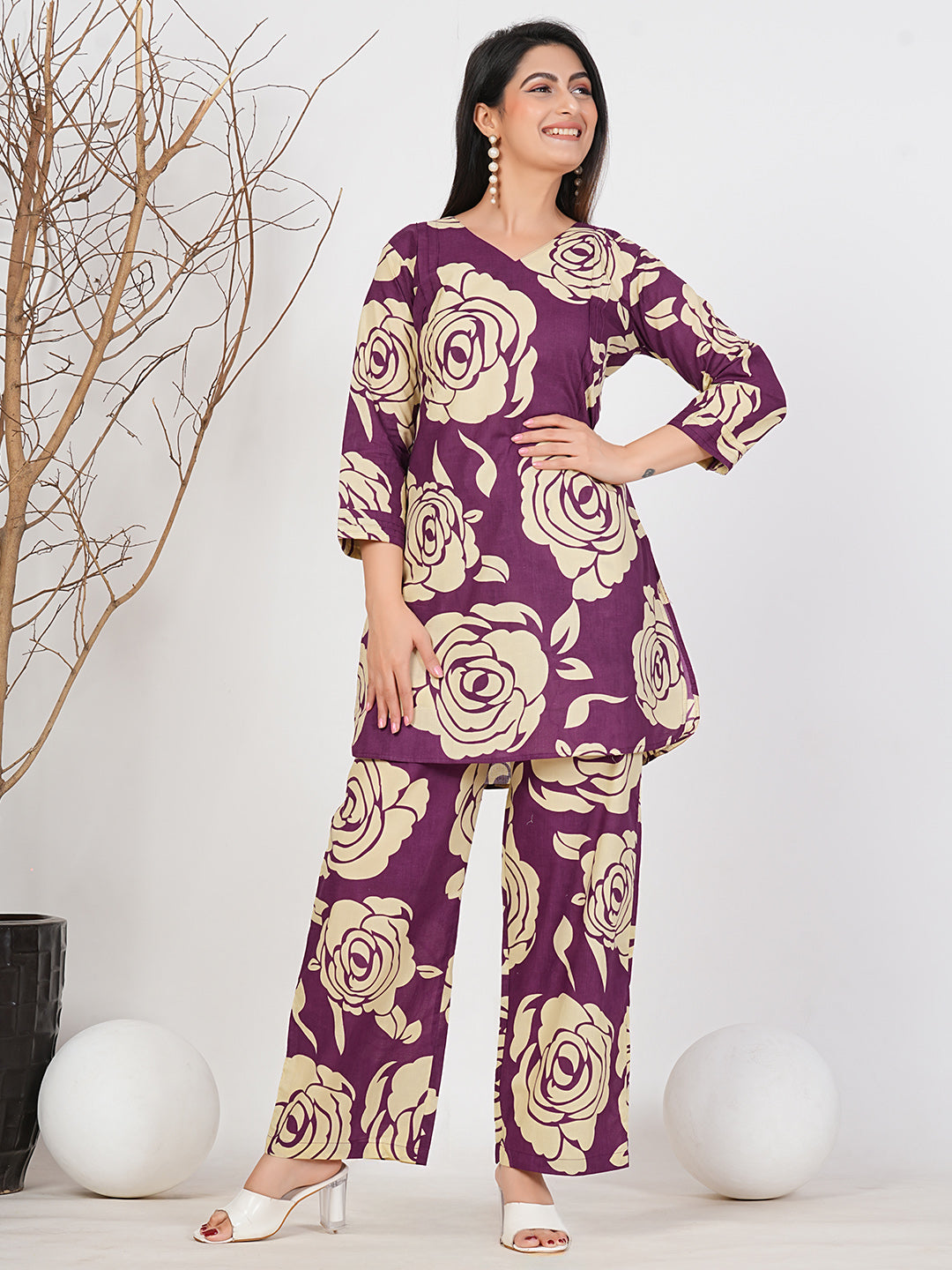 Purple Cotton Floral Co-Ord Set for Women - Ruii Fashon