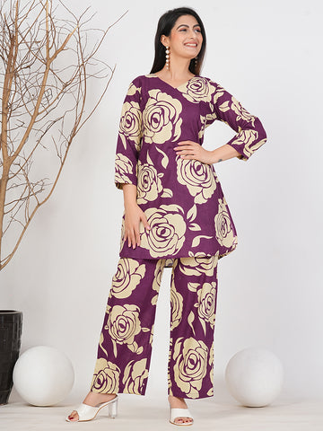 Purple Cotton Floral Co-Ord Set for Women - Ruii Fashon