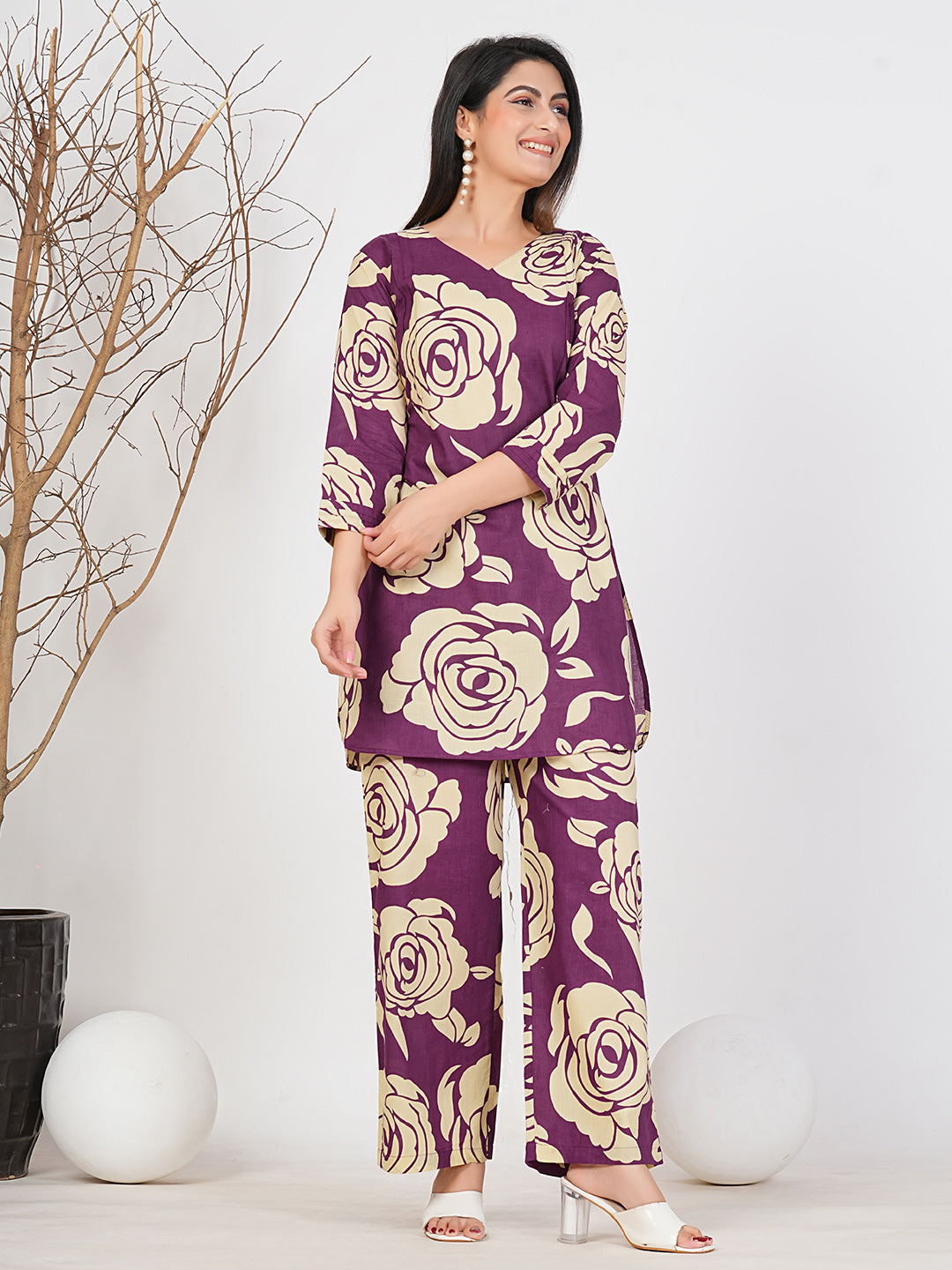 Purple Cotton Floral Co-Ord Set for Women - Ruii Fashon