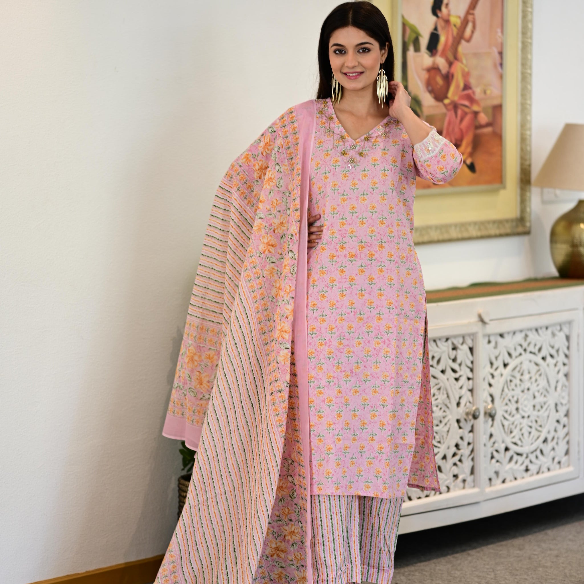 Blush Pink Floral Kurta Pant Set with Adda Work & Dupatta