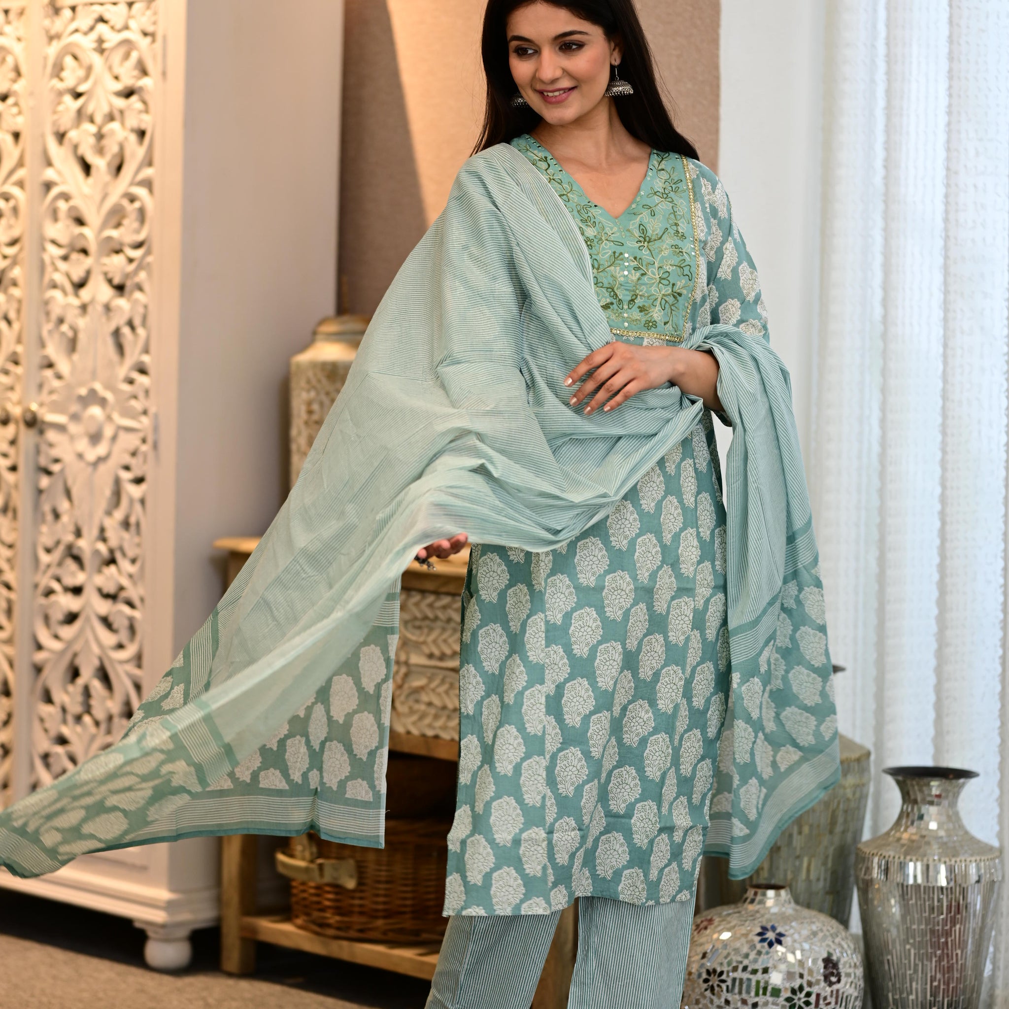 Sage Green Beautiful Cotton Kurti Set