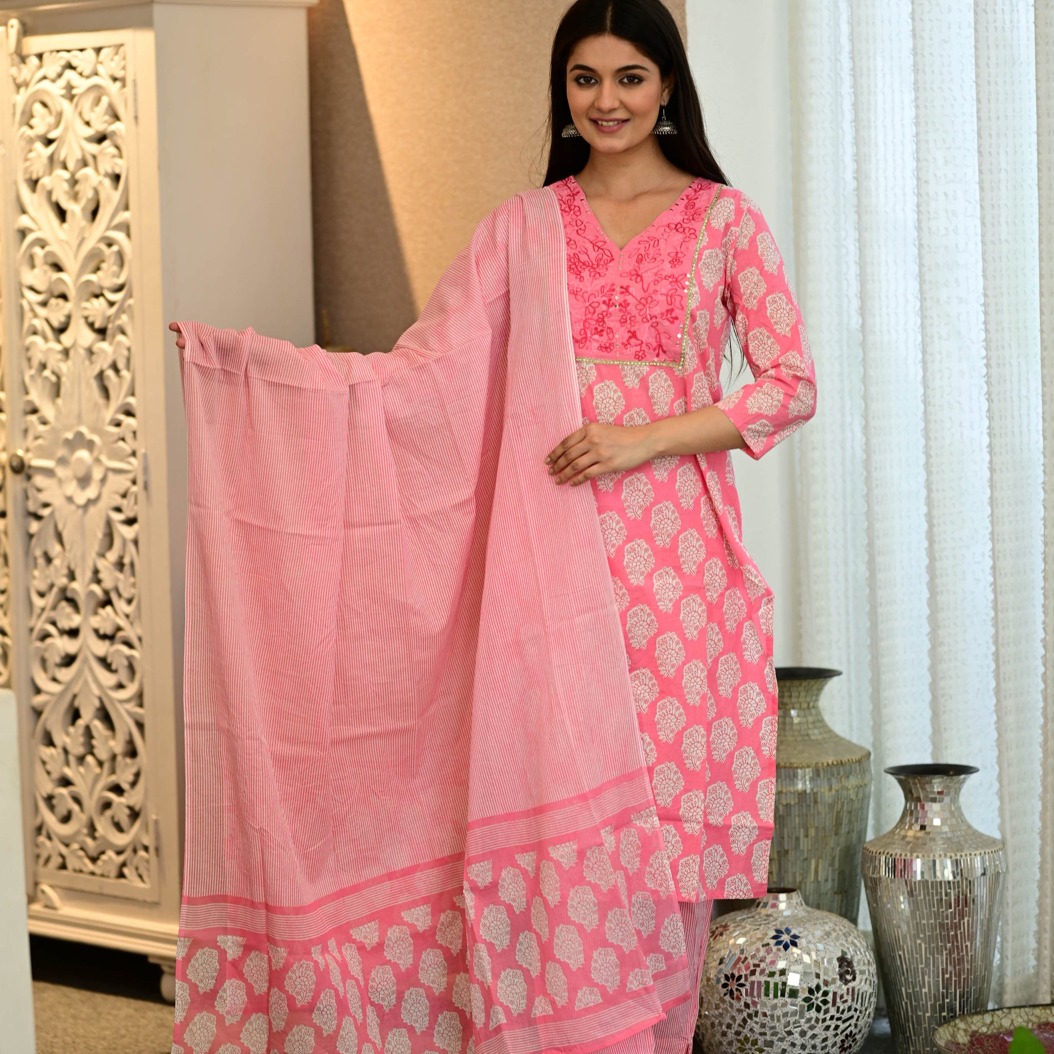 Blush Pink Handblock Style Cotton Kurti Set