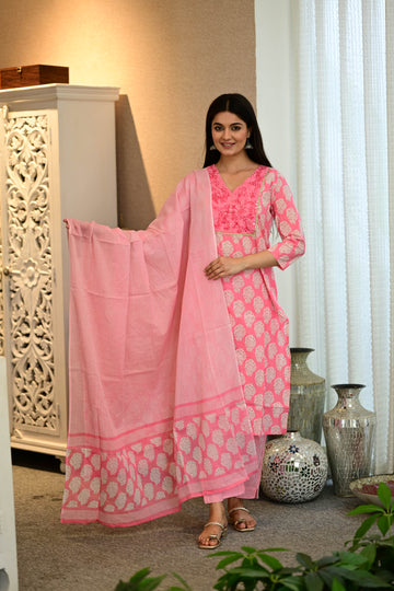 Blush Pink Handblock Style Cotton Kurti Set