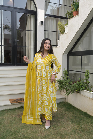 Yellow Cotton Block Print Kurta Set For Women