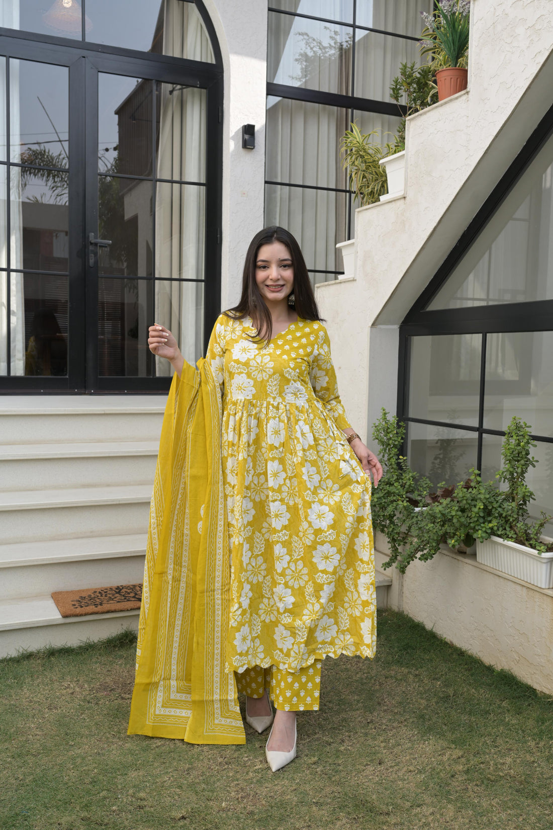 Yellow Cotton Block Print Kurta Set For Women