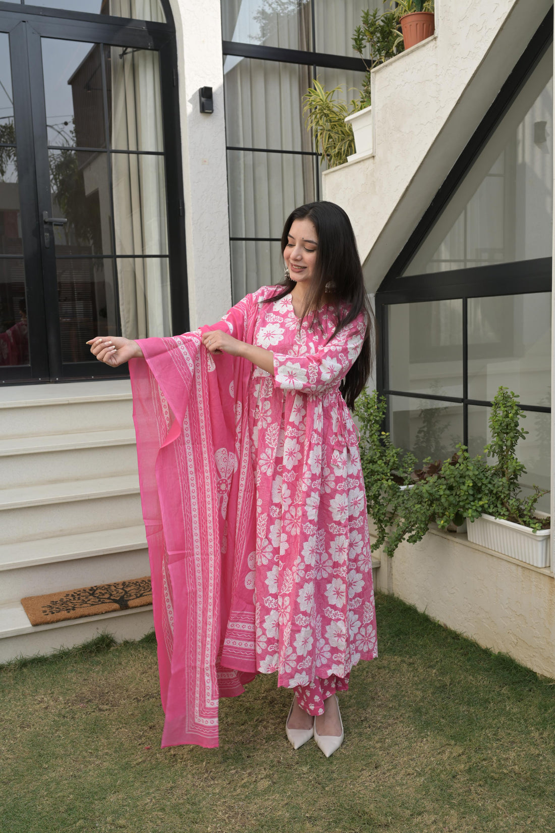 Pink Cotton Floral Print Anarkali Kurta Set For Women