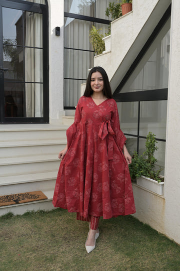 Rust Maroon Cotton Anarkali Kurta Set For Women