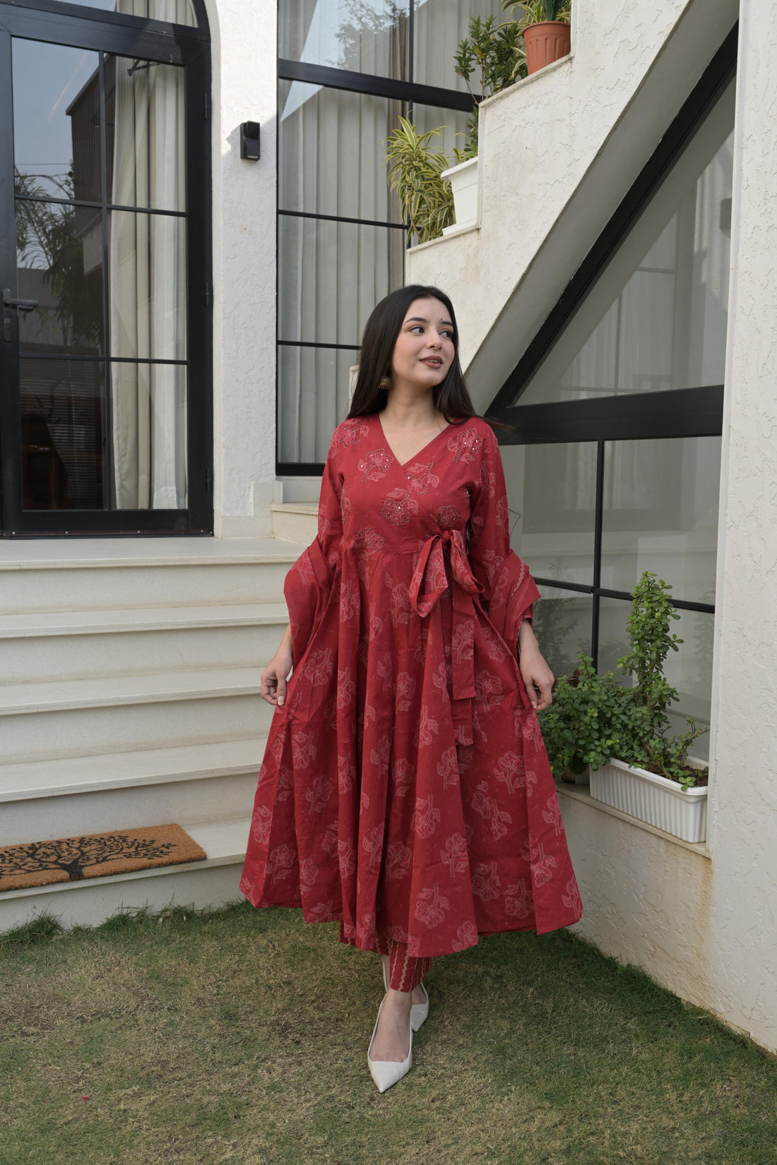 Rust Maroon Cotton Anarkali Kurta Set For Women