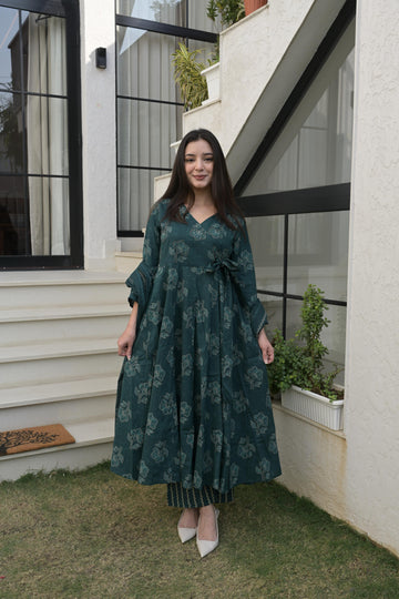 Deep Green Cotton Printed Anarkali Kurta Set For Women