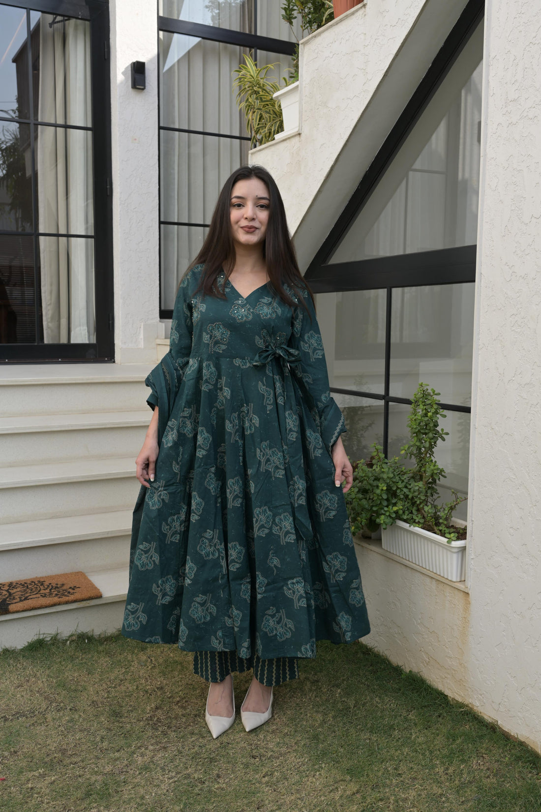 Deep Green Cotton Printed Anarkali Kurta Set For Women