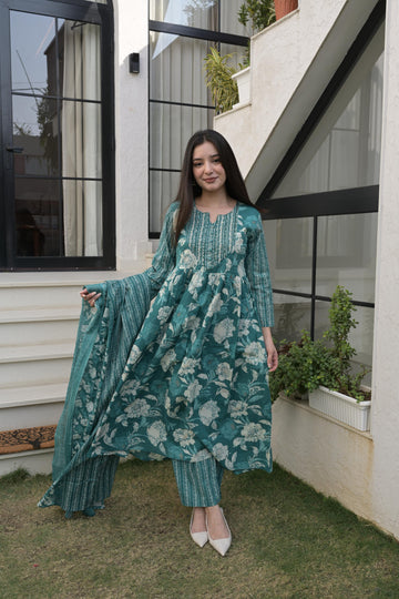 Teal Green Cotton Printed Kurta Set For Women