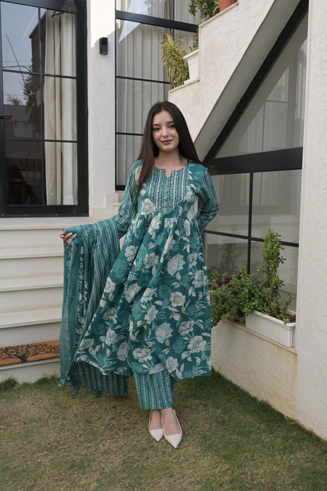 Teal Green Cotton Printed Kurta Set For Women