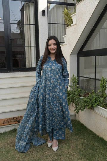 Blue Grey Cotton Traditional Anarkali Kurta Set For Women