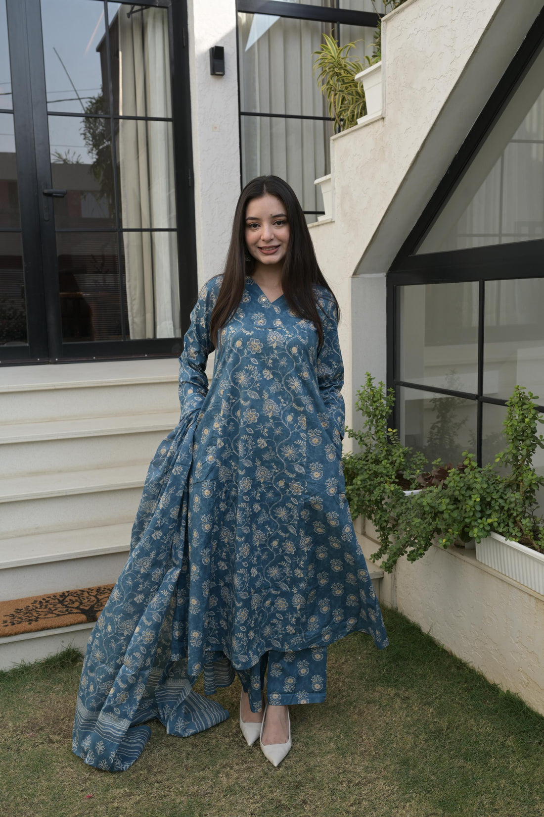 Blue Grey Cotton Traditional Anarkali Kurta Set For Women