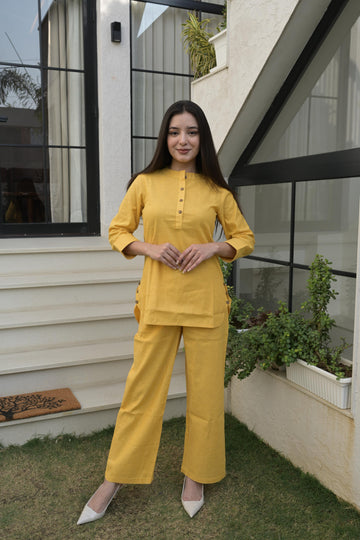 Dark Yellow Cotton Comfort Fit Co-ord Set For Women