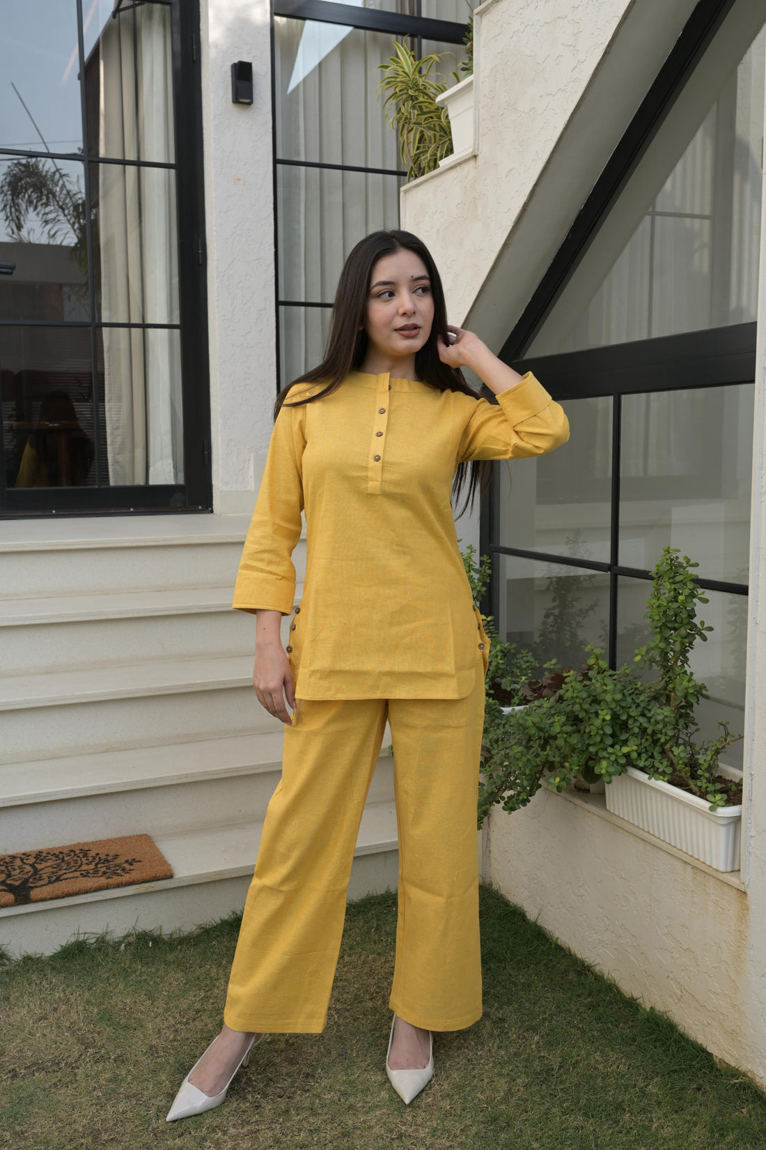 Dark Yellow Cotton Comfort Fit Co-ord Set For Women