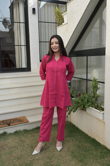 Deep Pink Cotton Straight Fit Co-Ord Set For Women