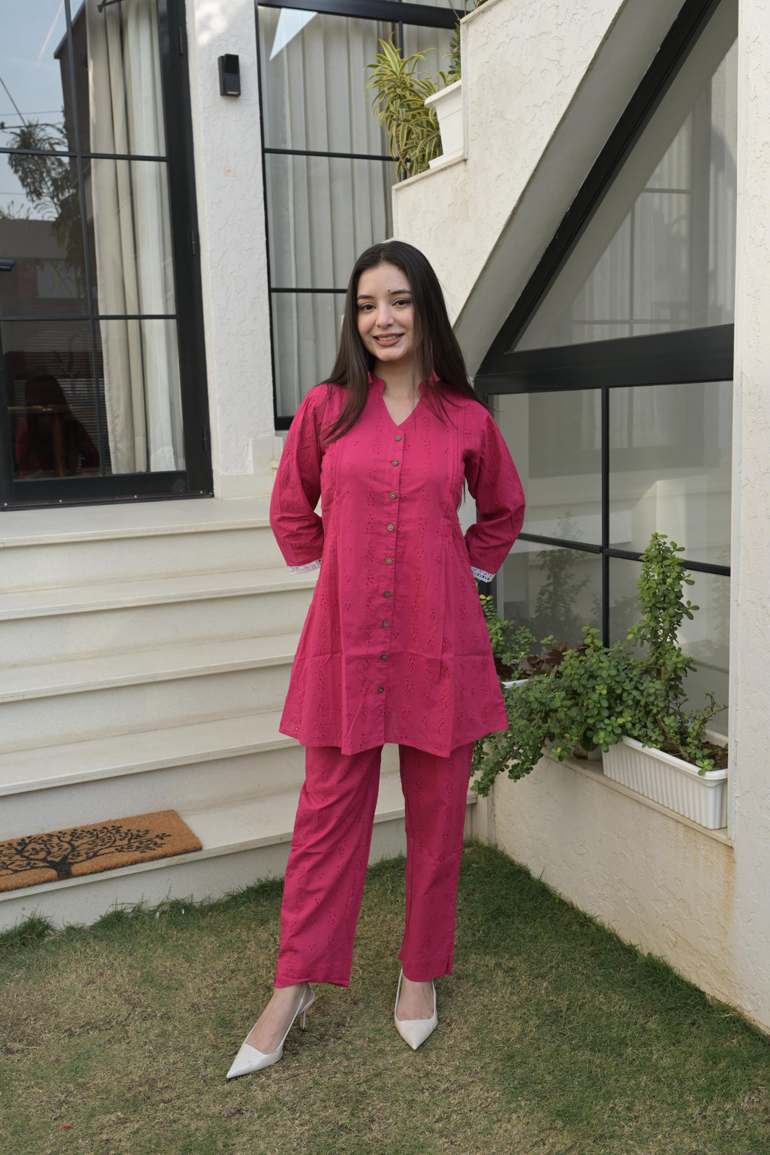 Deep Pink Cotton Straight Fit Co-Ord Set For Women