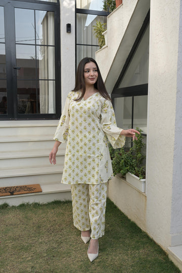 Cream Cotton Printed Co-Ord Set For Women