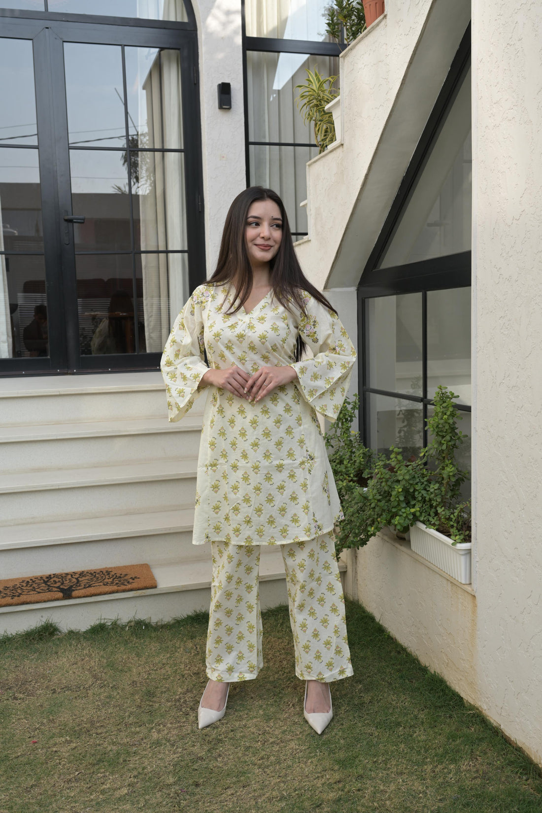 Cream Cotton Printed Co-Ord Set For Women