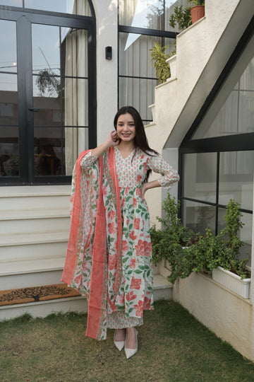 Ivory Cotton Rose Print Anarkali Kurta Set For Women